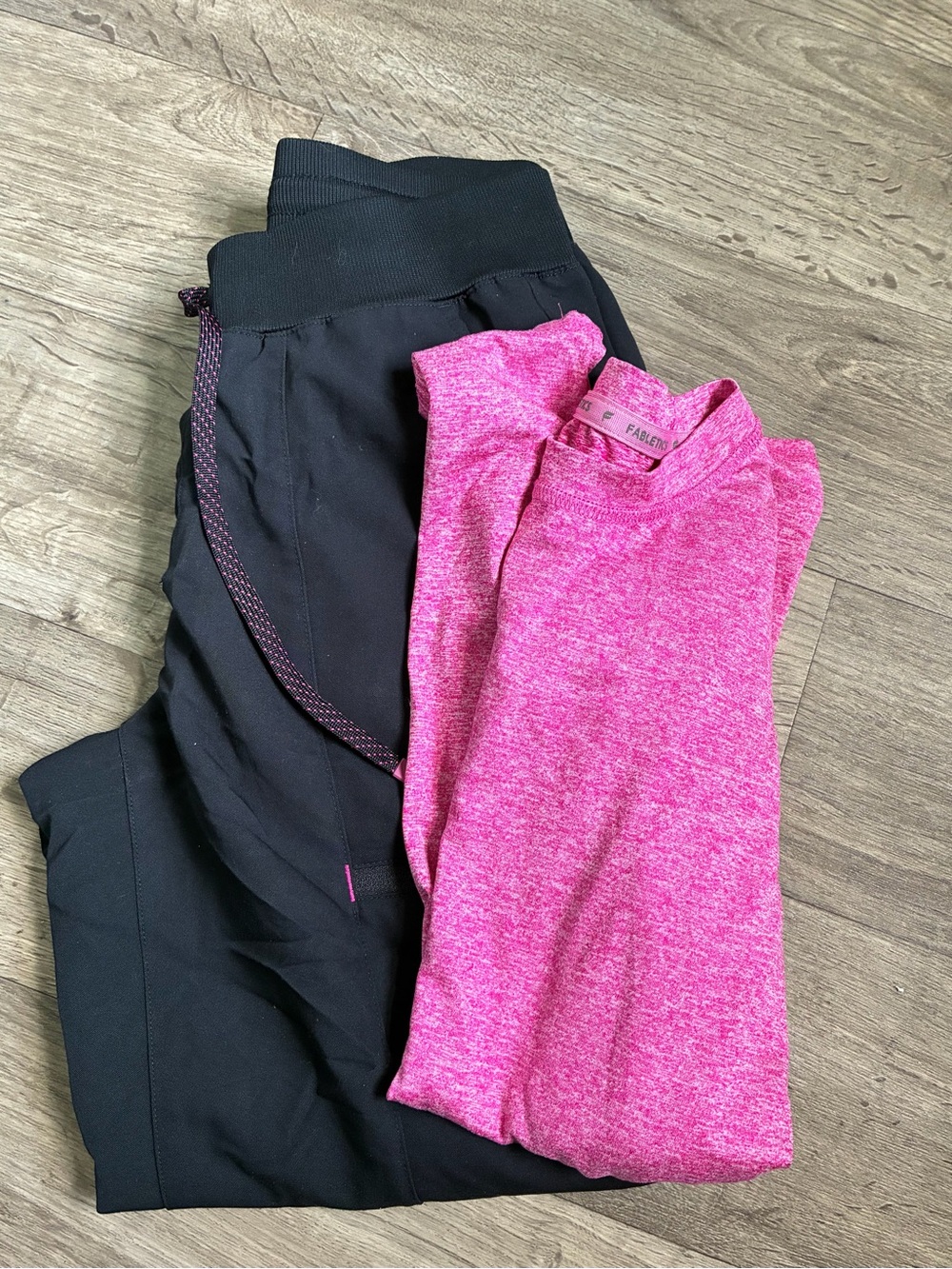 Fabletics Scrub Set-Pink Heathered Long Sleeve Top with Black Jogger scrub pants